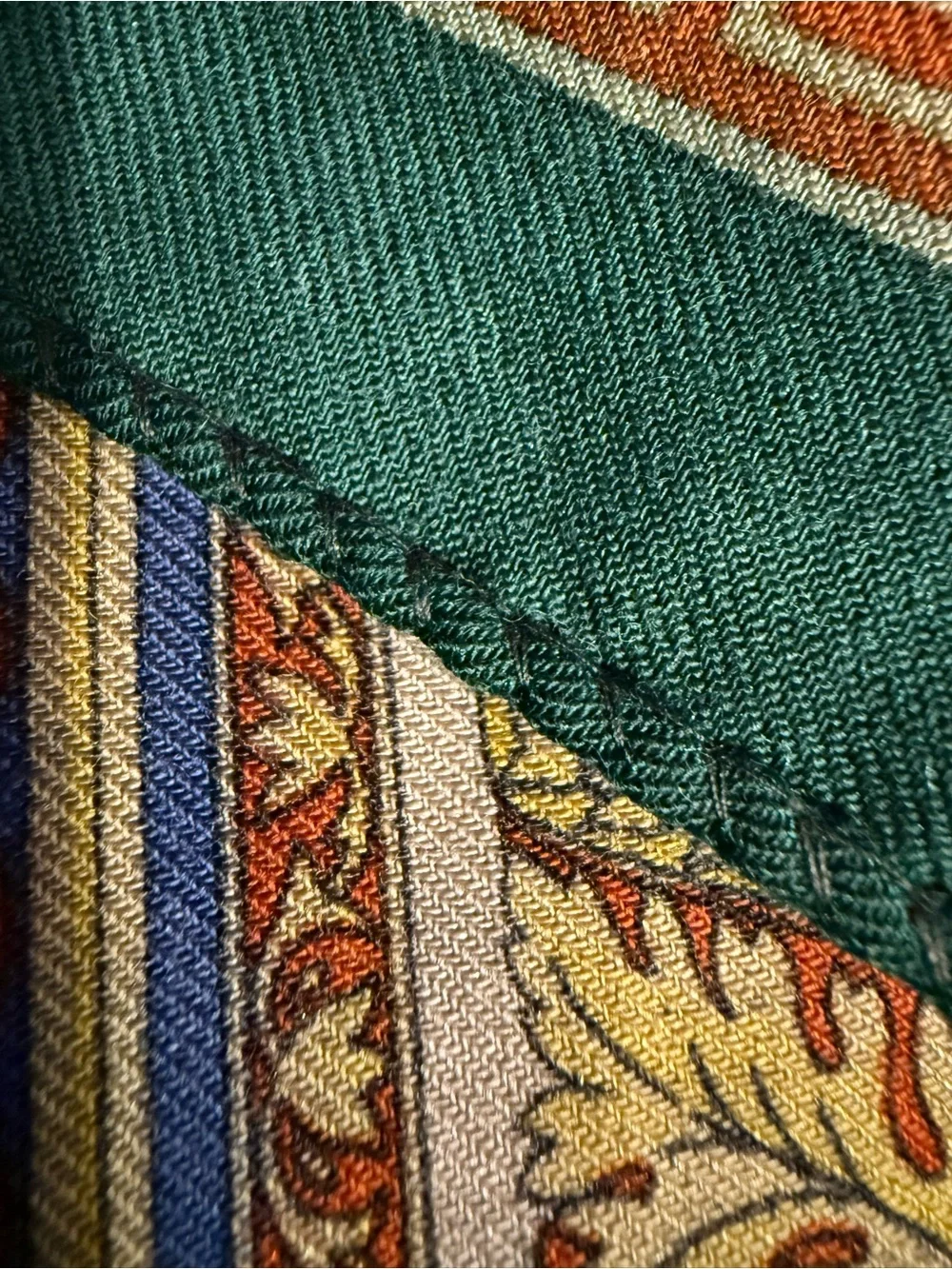 Vintage ETRO Italy Wool Silk Scarf stole Green Gold Baroque Greek Key 54Lx16W
